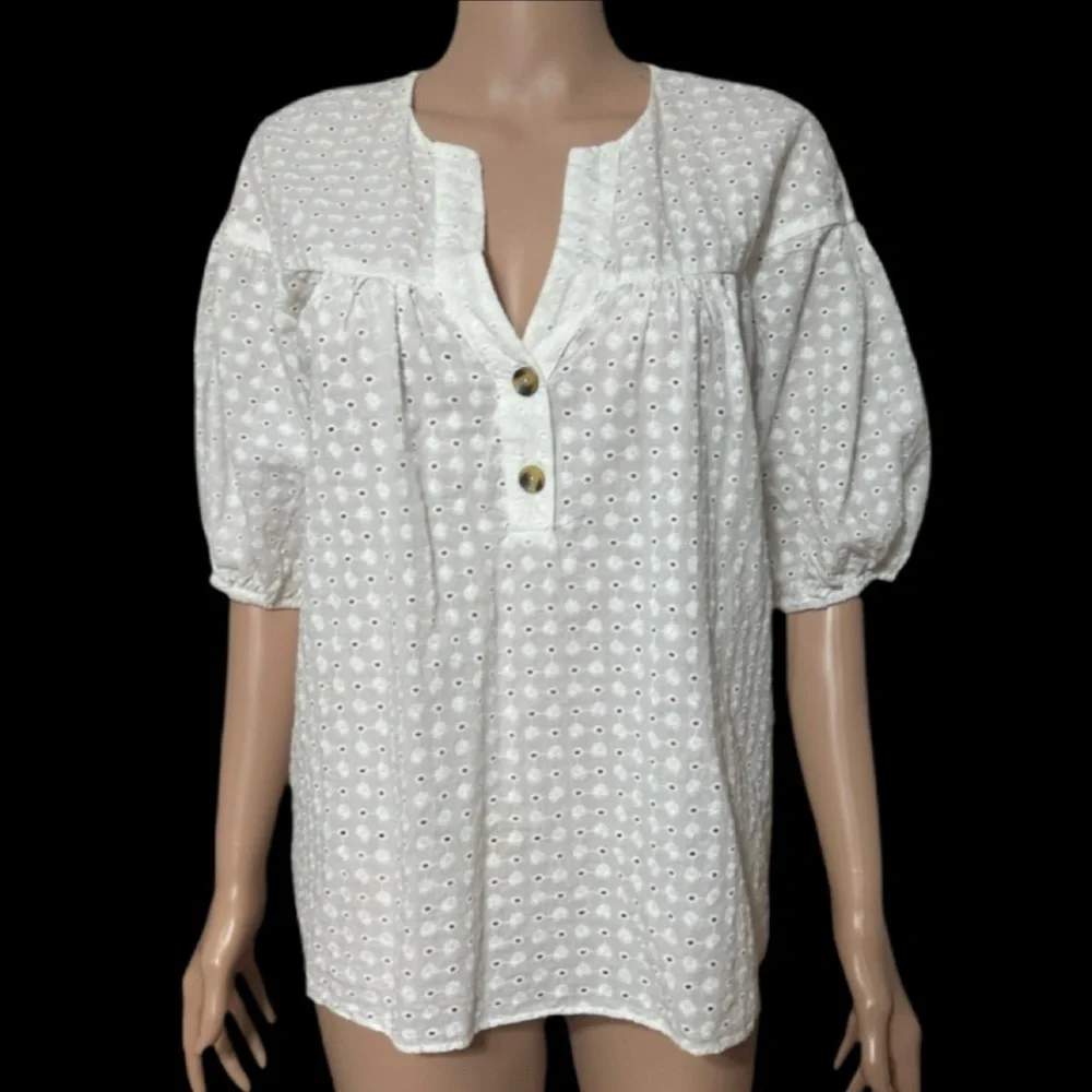 ZARA Blouse Small White Eyelet Cotton Puff Sleeve Embroidered Top Boho wb